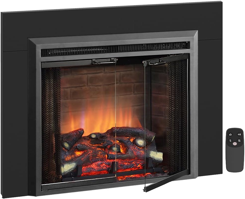 PuraFlame Klaus – Inserto de chimenea eléctrica de 26 pulgadas con kit de molduras, sonido crepitante de fuego, tronco de resina, puerta de vidrio y