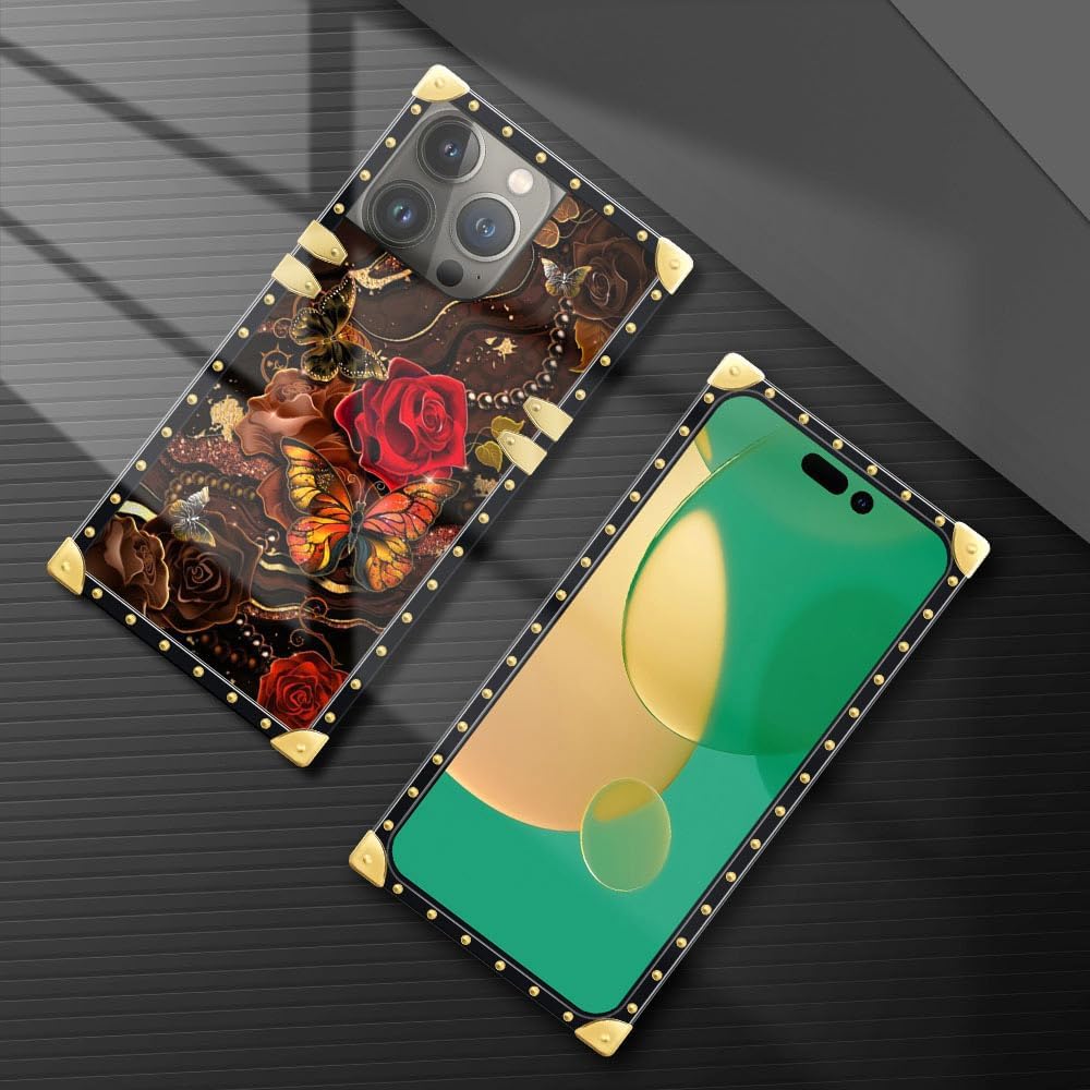 DAIZAG Funda compatible con iPhone 14 Pro Max, funda de mariposa dorada de cártamo para niñas y mujeres, decoración cuadrada de esquinas de metal,
