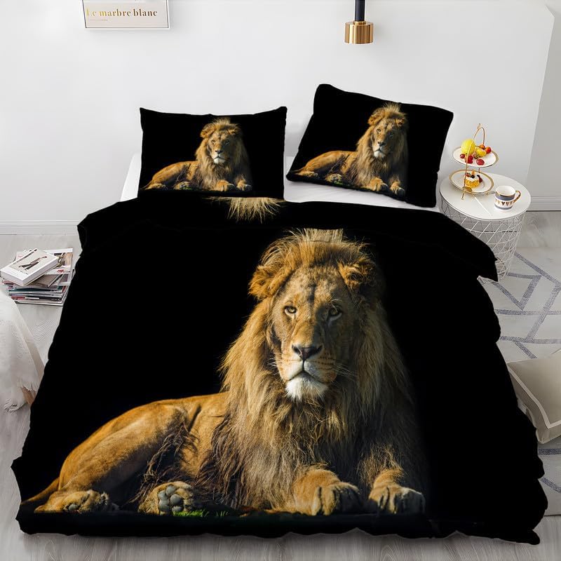 Juego de funda de edredón tamaño individual con estampado de león, funda de edredón de microfibra suave y 2 fundas de almohada de 20 x 26 pulgadas,
