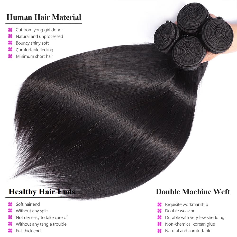 QIYING Paquetes de cabello humano lacio 10A de 12 pulgadas, paquetes de cabello lacio brasileño 100% sin procesar, virgen, lacio, tejido de cabello