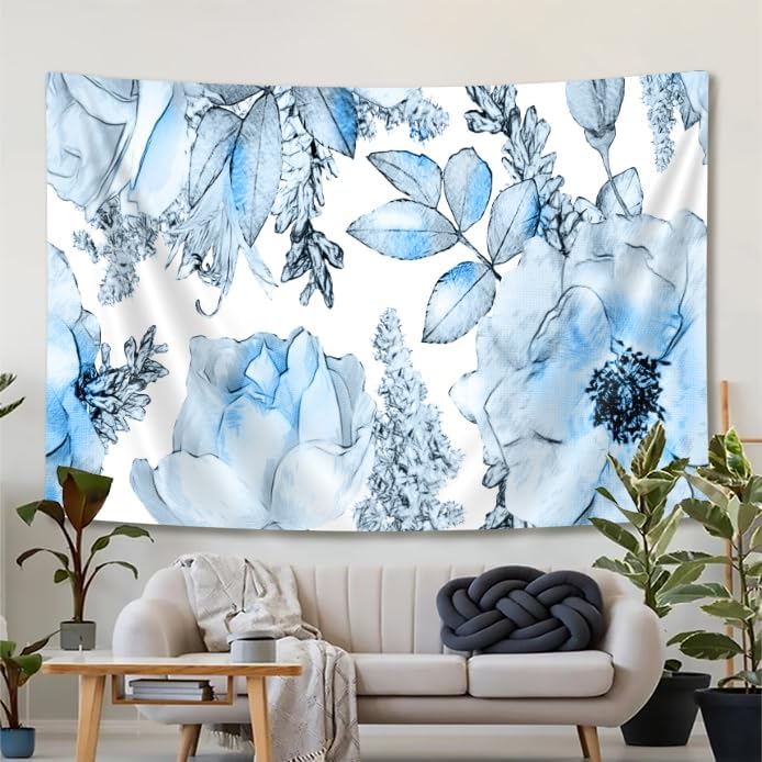SAOLUIS Tapiz floral, tapiz de flores azules, tapiz estético floral de acuarela, tapiz floral de poliéster, para colgar en la pared para dormitorio,