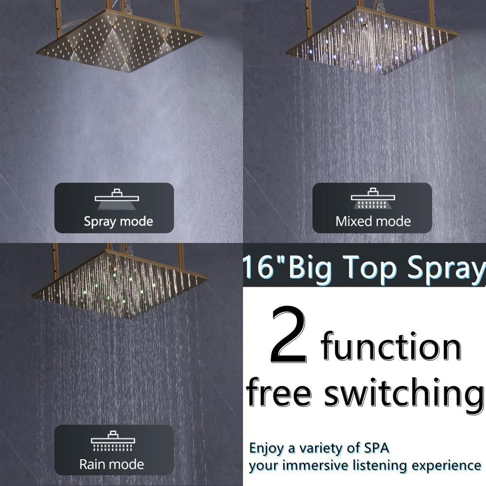AYIVG Sistema de ducha termostático de oro cepillado LED de 16 pulgadas de masaje de lluvia con 6 piezas de spray corporal de latón juego de grifo