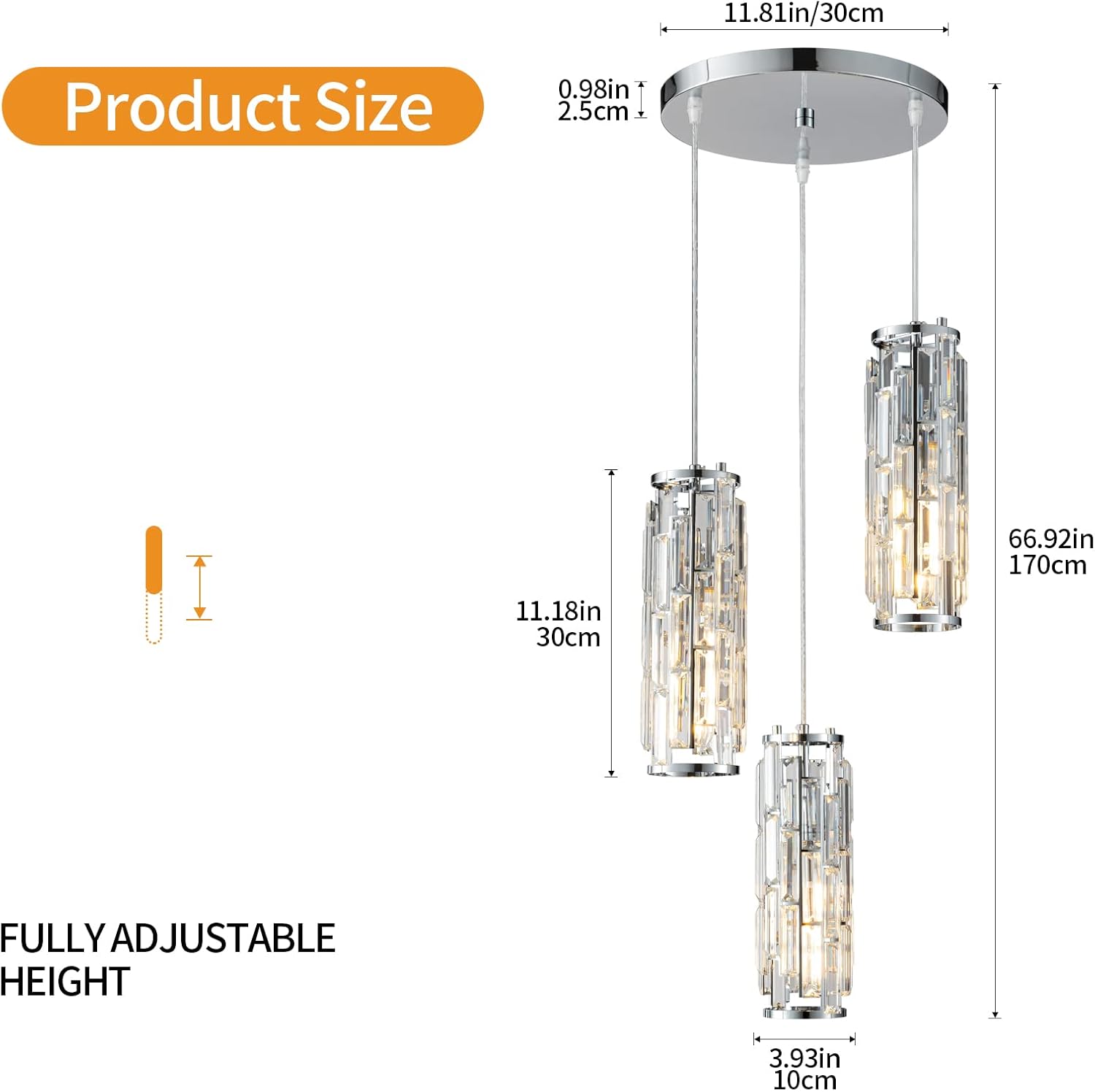 LMQNINE – 3 luces para iluminación colgante de cromo, lámpara colgante moderna, mini candelabros de cristal, lámpara colgante ajustable para cocina,