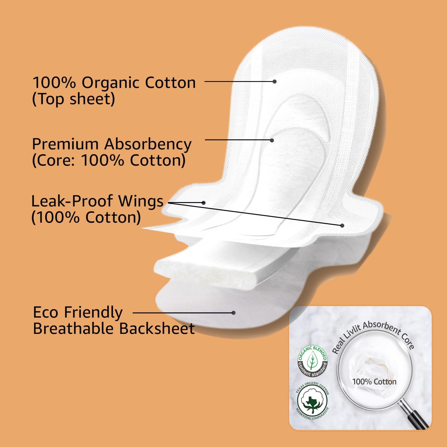 Almohadillas sanitarias ultrafinas de gran tamaño, 100% algodón orgánico de Texas, potente protección contra fugas, sin perfume, sin cloro y