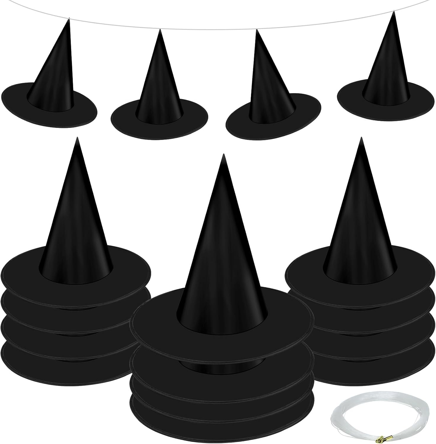 12 sombreros de bruja de Halloween, sombrero de bruja para decoración de Halloween, sombrero de bruja colgante con cuerdas para disfraz de