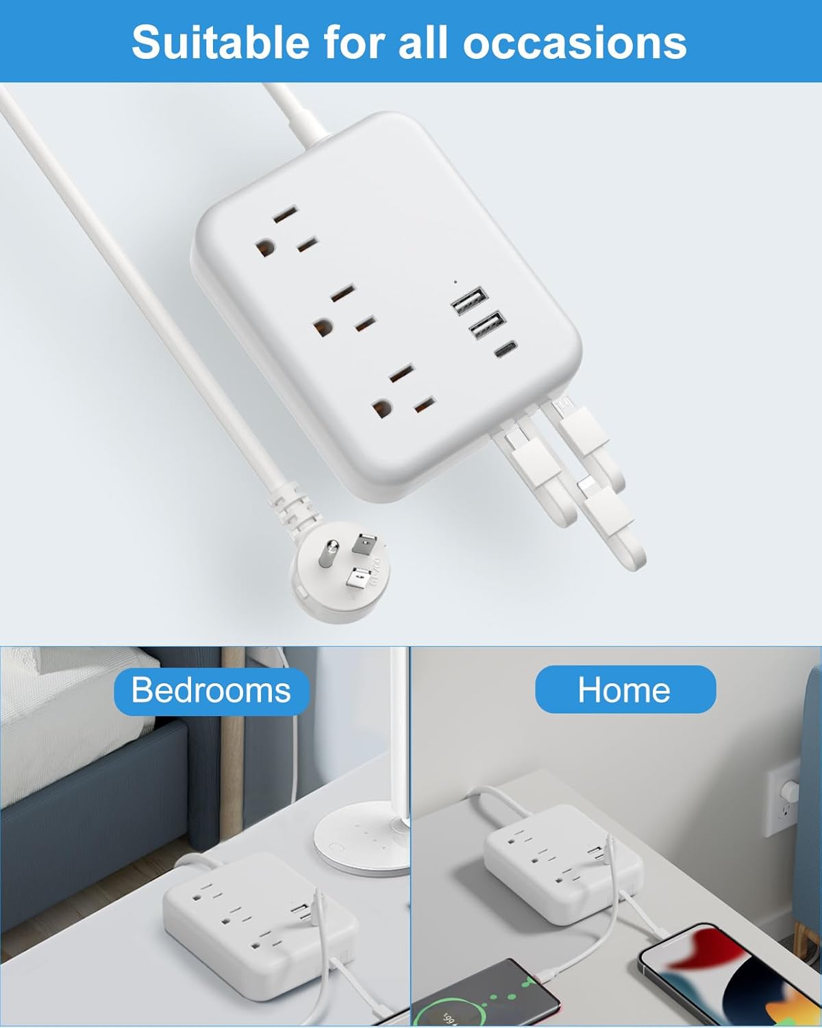 Regleta de alimentación de viaje con puertos USB, 3 cables integrados, cable de extensión de enchufe plano, 3 tomacorrientes, 6 USB con cable de