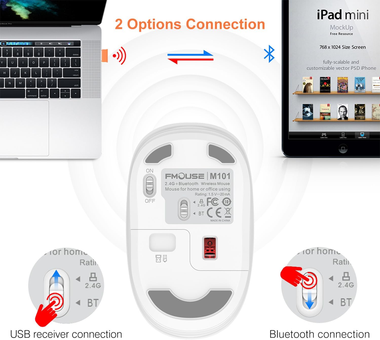 Lindo ratón inalámbrico, silencioso modo dual Bluetooth ratones para portátil, iPad, Comupter, tableta con receptor USB (niña)