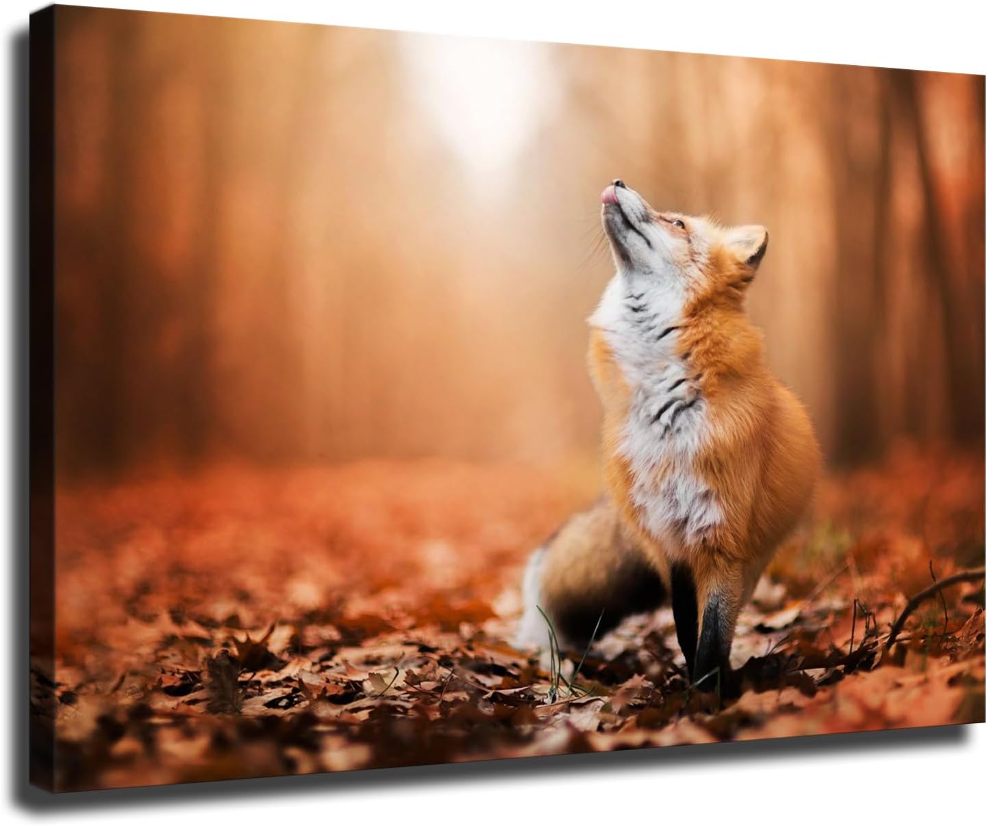 Póster de animales con hojas rojas por todo el suelo, póster estético de zorros rojos que miran hacia arriba, arte de pared, sala de estar,