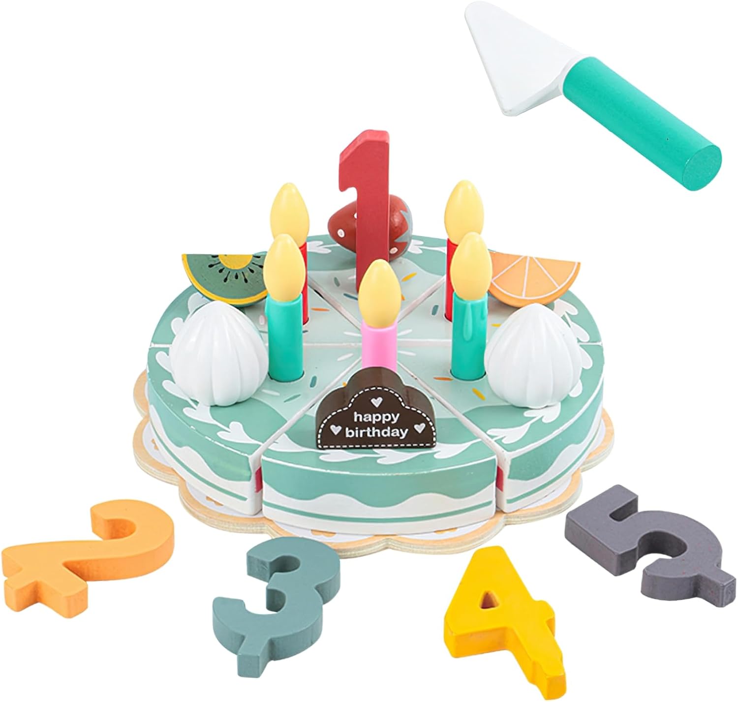 Juego de comida de madera para jugar a pastel de cumpleaños, juego de fiesta de té para niños pequeños, juegos de accesorios de cocina Montessori de