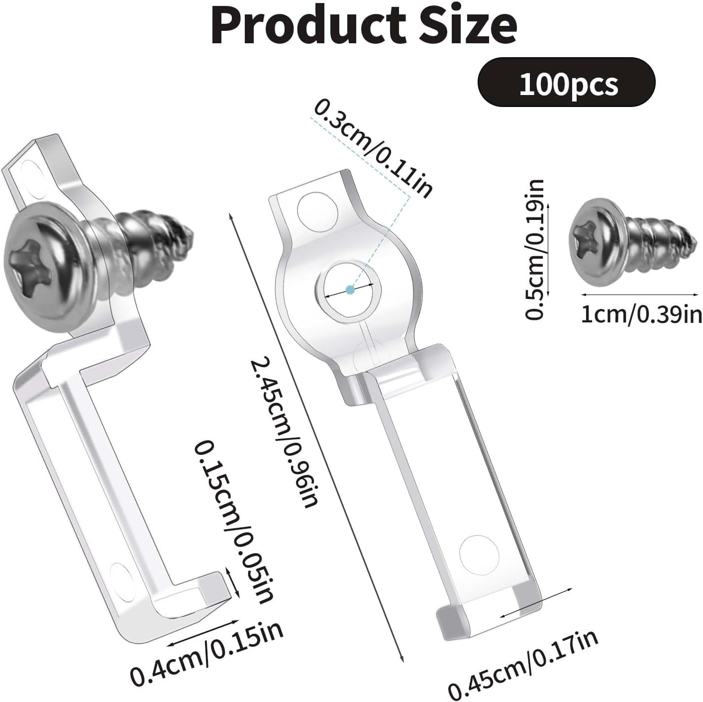 100 clips de luz LED para tira de luz, clips de montaje de un lado de luz LED con tornillos, ganchos de luz de cuerda exterior para tiras de luces