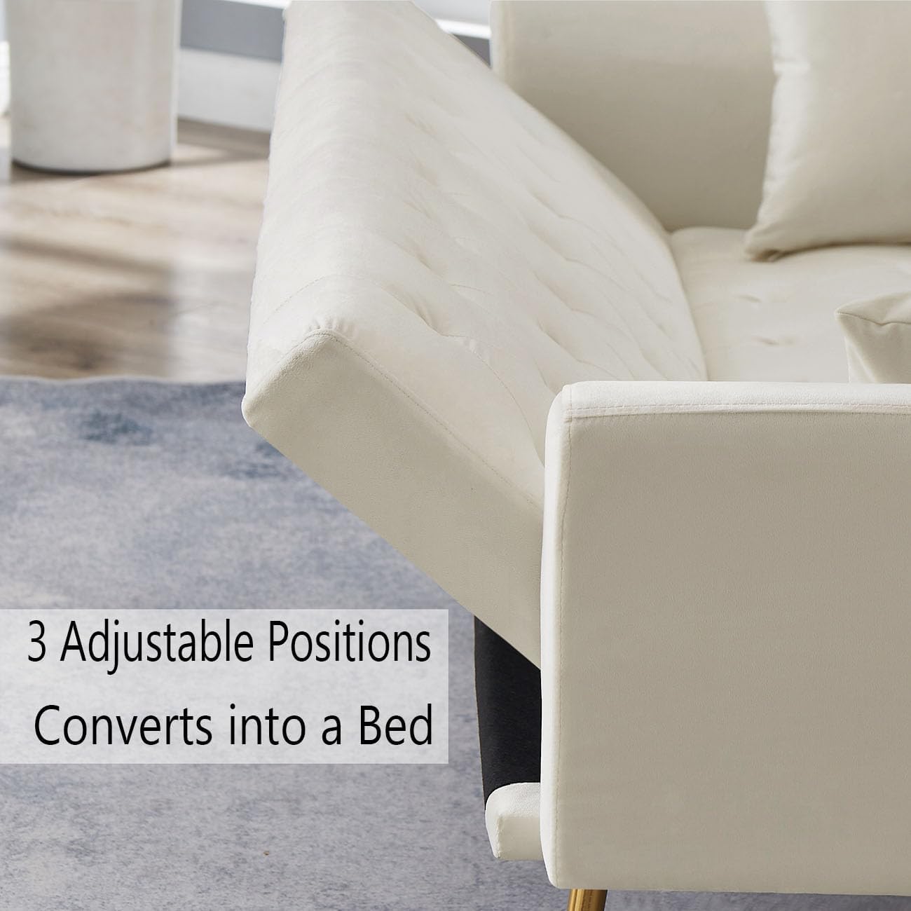 Sofá cama futón de terciopelo con 2 almohadas, moderno sofá cama convertible reclinable, plegable tapizado, 3 ángulos ajustables, asiento de espuma