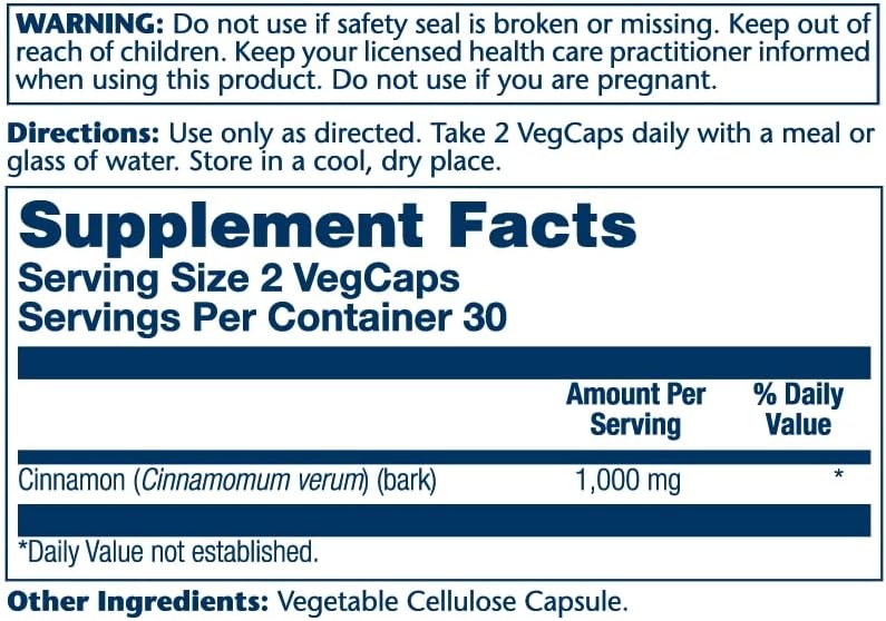 SOLARAY Corteza de canela 1000 mg  Función digestiva saludable  Antioxidante  60 cápsulas vegetales  Paquete de 2