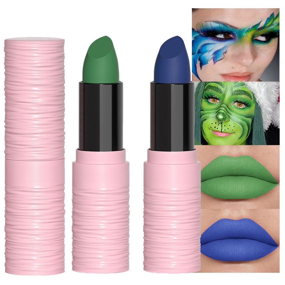 evpct Juego de 2 lápices labiales de color verde y azul mate mate para rostro y cuerpo, de alto impacto, con fórmula cremosa hidratante, béisbol,