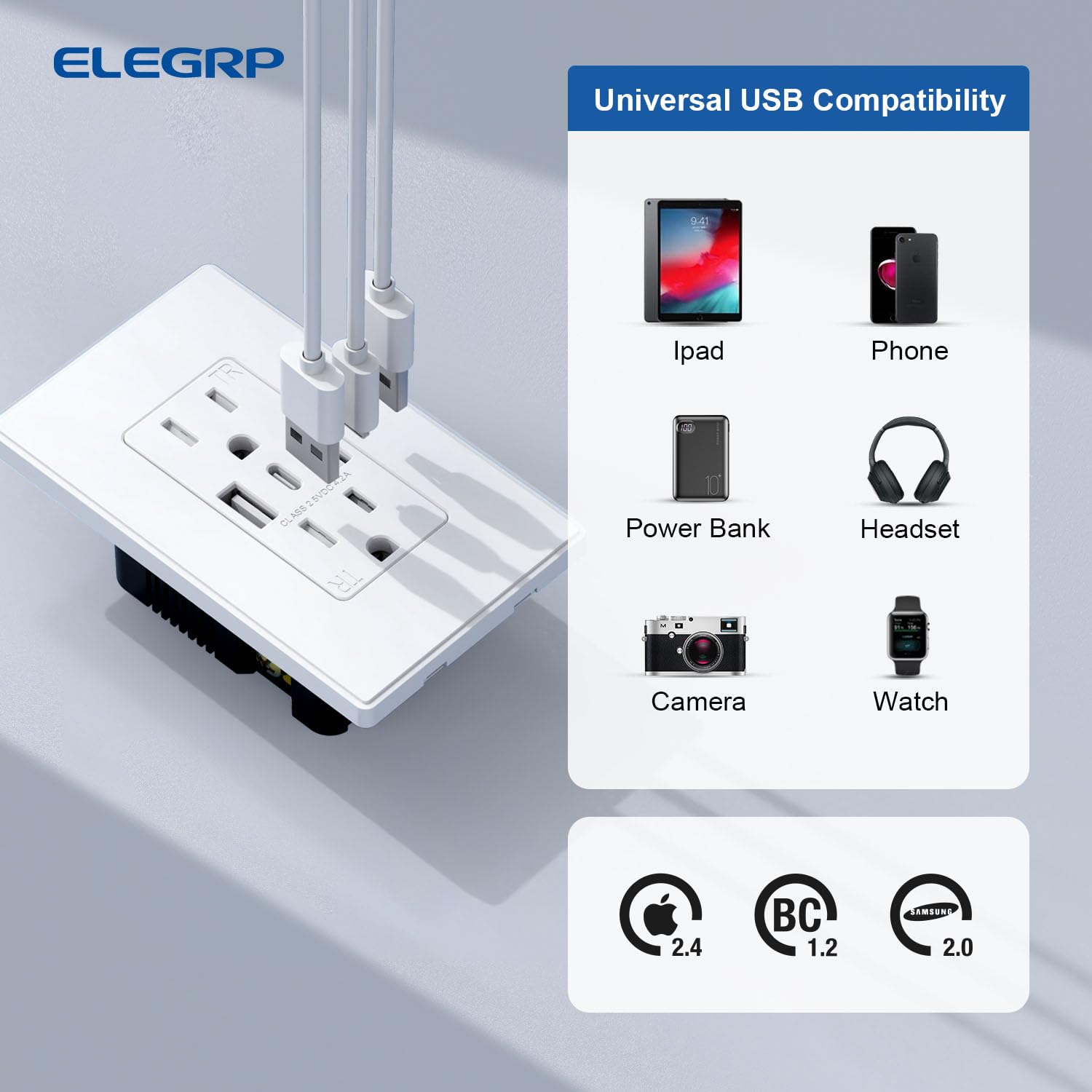 ELEGRP Tomacorriente de pared USB, 3 puertos USB C, tomacorrientes de pared blanco mate de 15 amperios con puertos USB, salida USB resistente a