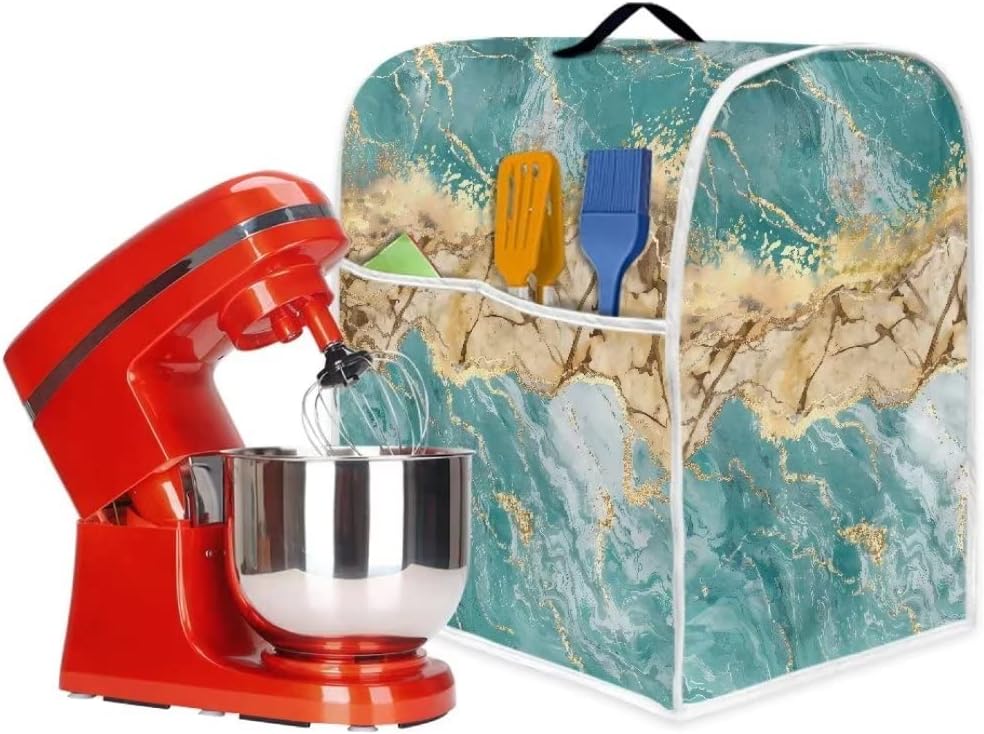 Cubierta antipolvo con estampado de mármol verde azulado para máquina exprimidora, compatible con Kitchen Aid Bowl Lift de 6 a 8 cuartos de galón,
