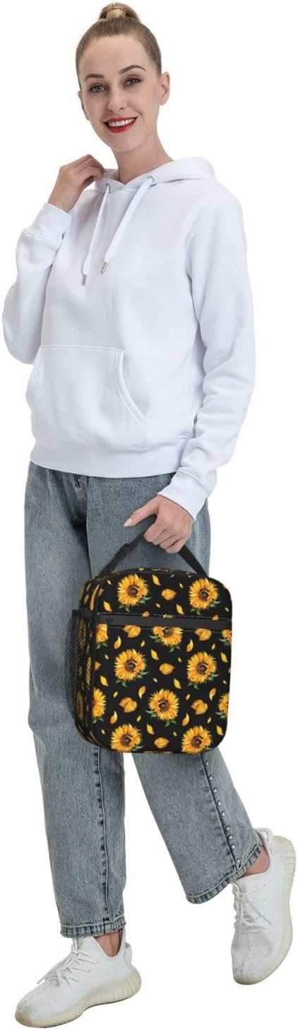 Lonchera con diseño floral de girasol negro, bolsa de almuerzo aislada con flores para mujeres y hombres, reutilizable, portátil, a prueba de fugas,