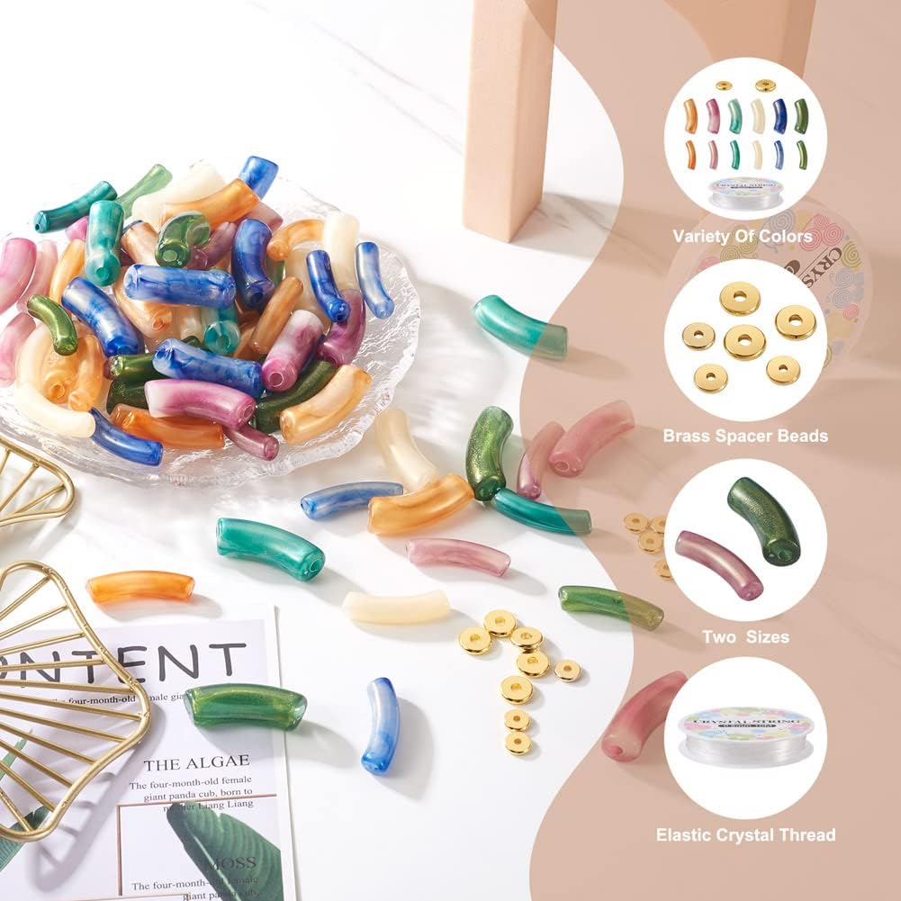 Mega Pet Kit de fabricación de pulseras de cuentas de tubo curvo, 120 cuentas acrílicas de tubo de bambú con 40 cuentas espaciadoras de disco de