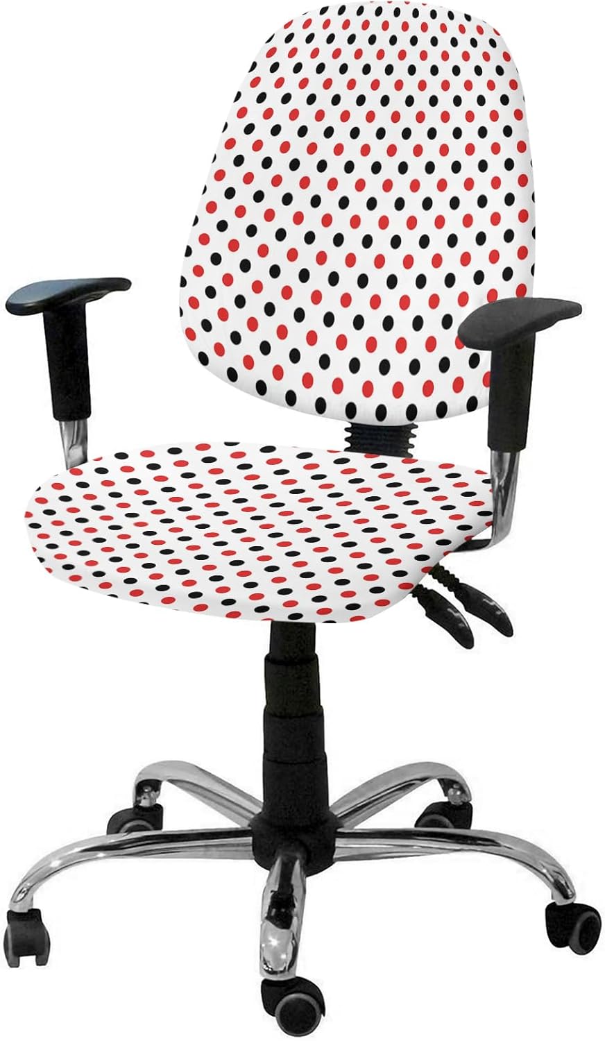 ALAGEO Funda para silla de oficina, diseño de lunares, patrón geométrico, rojo y negro, protector y elástico, universal giratorio, 2 piezas para