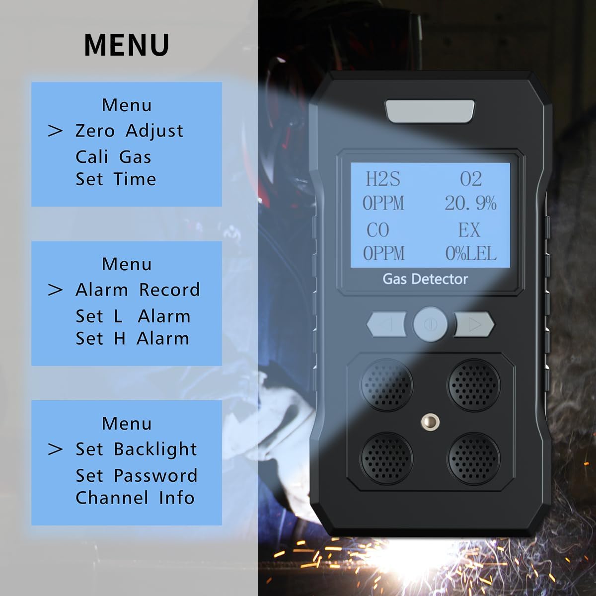 Gas Detector, Portable 4 Gas Monitor with Audible & Visual AlarmH2S,O2,CO and EX Rechargeable Gas Sniffer Alarm with LCD Display (Black)