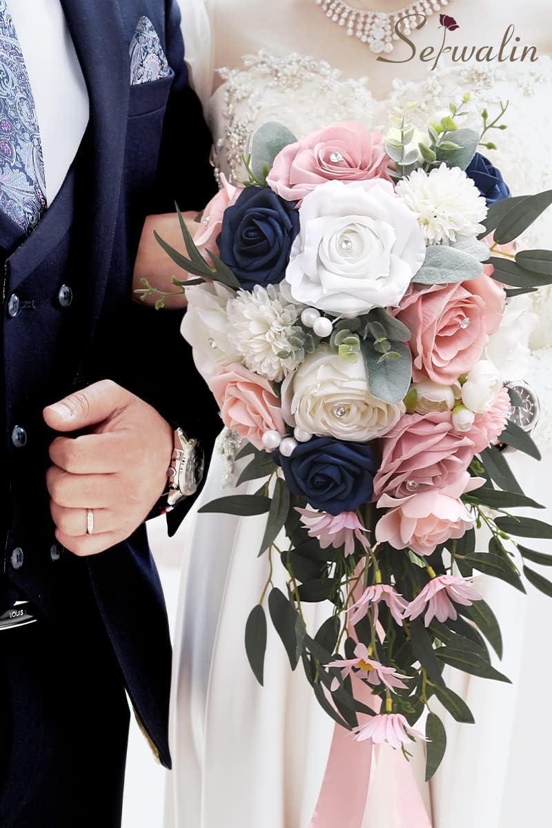 Serwalin Ramos de flores artificiales de 9.8 pulgadas y ramillete de muñeca para novia, ramo de novia para ceremonia de boda, aniversario,