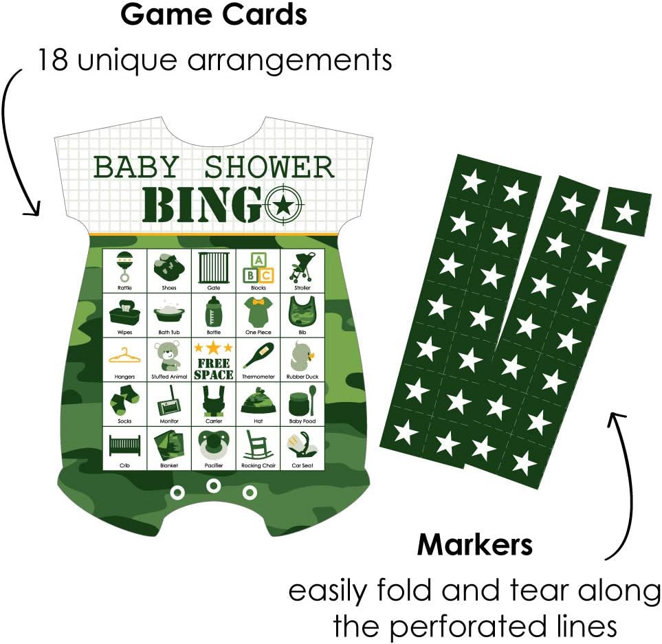 Big Dot of Happiness Camo Hero – Juego de 18 tarjetas y marcadores de bingo con forma de camuflaje militar del ejército para baby shower