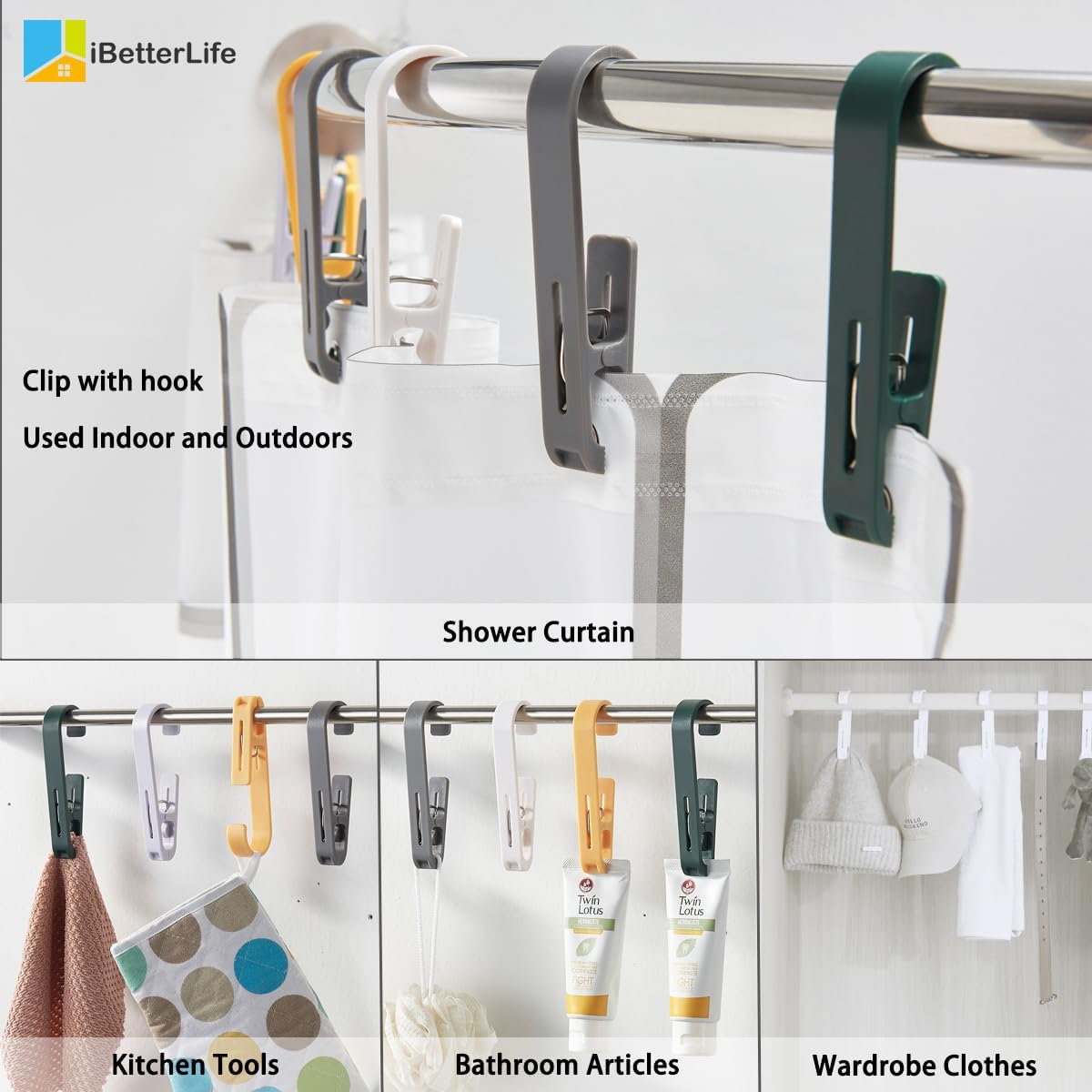 iBetterLife Alfileres de ropa resistentes para exteriores, 8 ganchos grandes para ropa sucia con clips, abrazaderas organizadoras de armario,