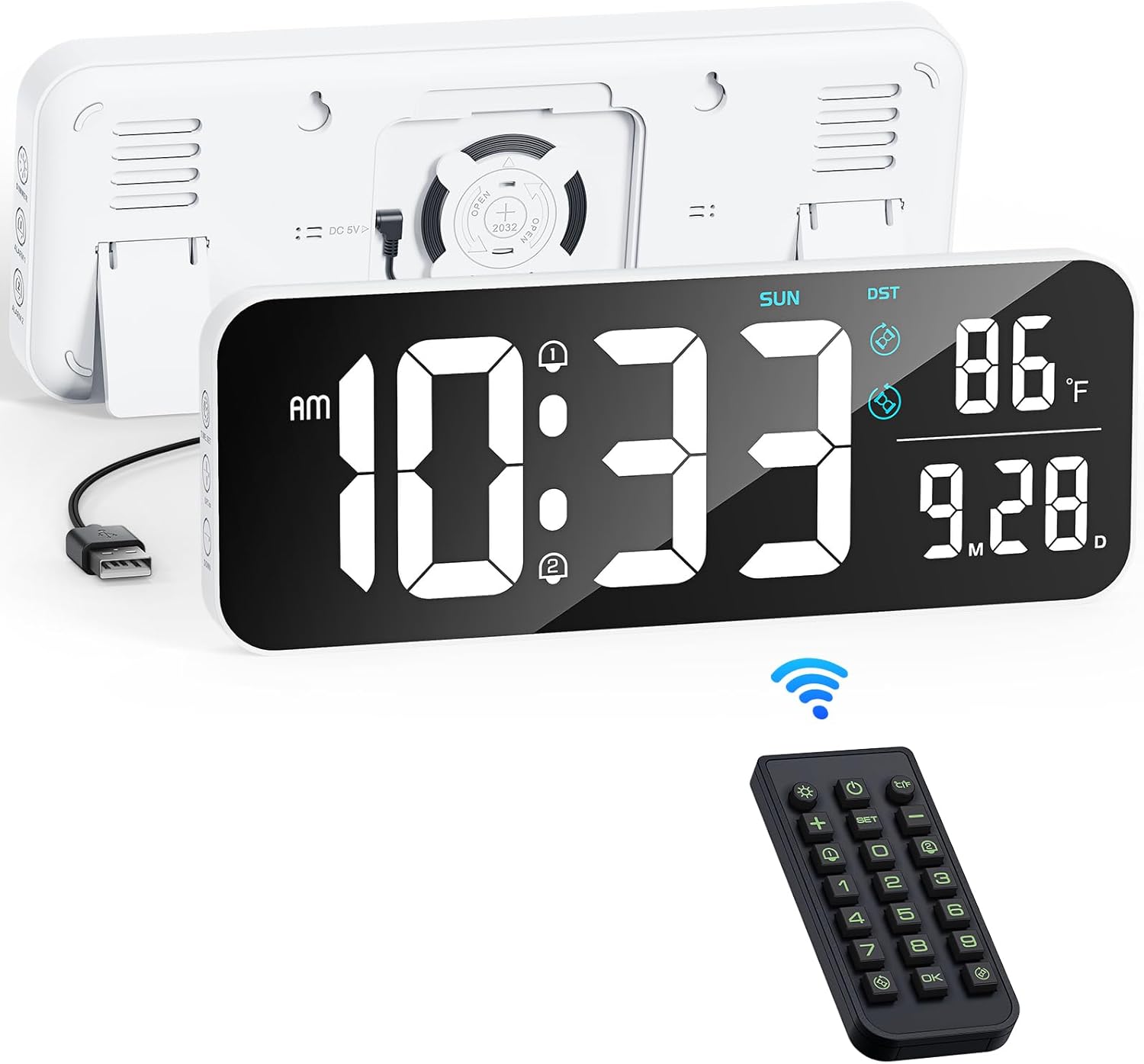 Deeyaple Reloj de pared digital, pantalla LED de 14.6 pulgadas, pantalla grande, fecha, temperatura, 1224 horas, control remoto, 10 brillo