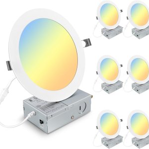 Paquete de 6 luces empotrables LED ultrafinas 3CCT de 7 pulgadas con caja de conexiones, 3000 K4500 K6000 K seleccionables, 18 W Eqv 125 W, luz Paquete de 6 luces empotrables LED ultrafinas 3CCT de 7 pulgadas con caja de conexiones, 3000 K4500 K6000 K seleccionables, 18 W Eqv 125 W, luz