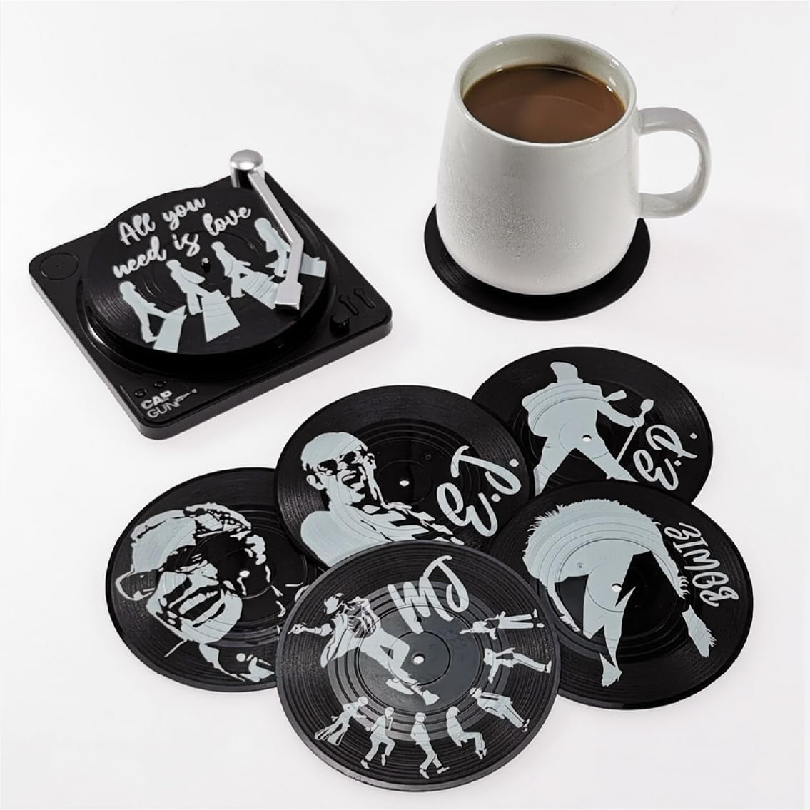 Divertidos posavasos retro para bebidas de café con soporte para reproductor de vinilo, juego de 6 posavasos únicos personalizados para inauguración
