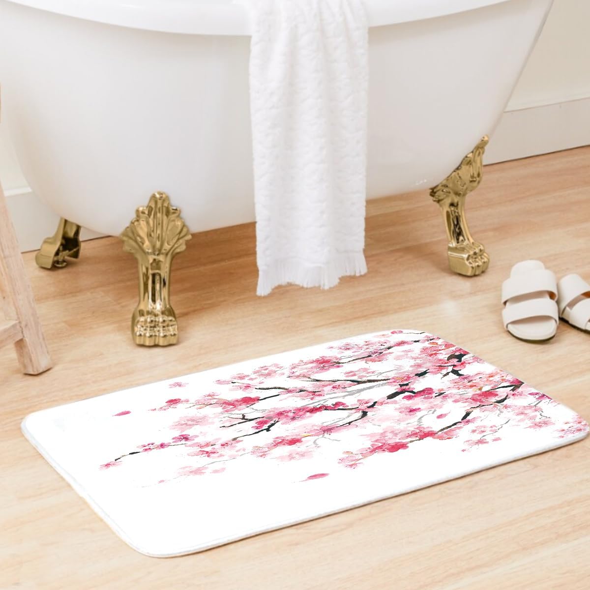Juego de cortinas de ducha con diseño de flor de cerezo rosa, diseño de árbol de flores florales japonesas, kawaii, impermeable, 4 piezas,
