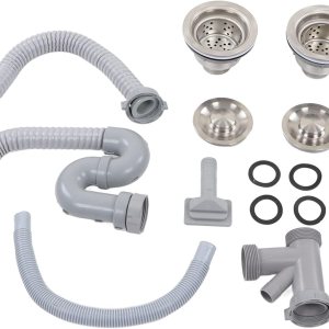 Juego de drenaje y tubería de fregadero, tubo de drenaje doblado en S de acero inoxidable para fregadero de cocina con doble drenaje, juego de Juego de drenaje y tubería de fregadero, tubo de drenaje doblado en S de acero inoxidable para fregadero de cocina con doble drenaje, juego de