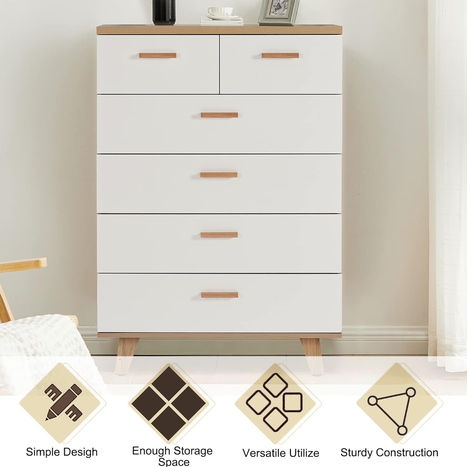SSLine Cómoda de 6 cajones, cómoda moderna con patas y pomos de madera maciza, mesa auxiliar grande armario de almacenamiento para dormitorio, sala