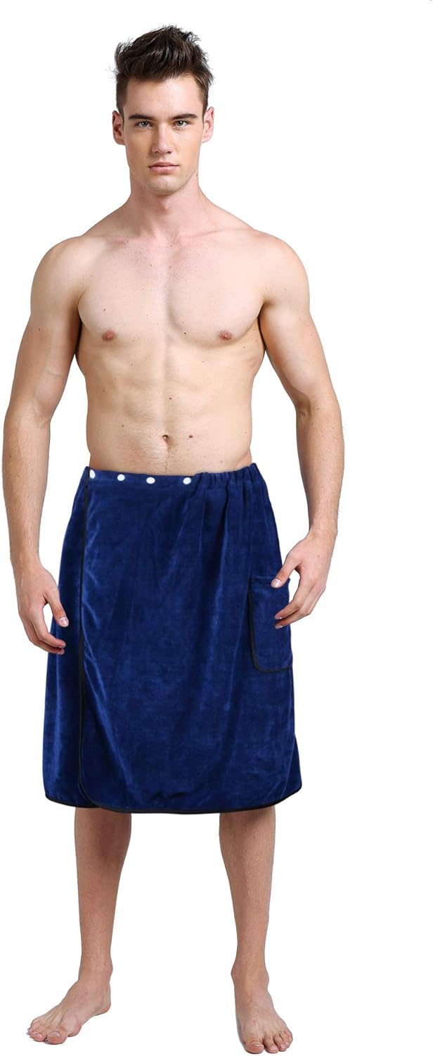 SINLAND Toalla de baño de microfibra absorbente de agua de secado rápido para hombre con cierre ajustable a presión, 24 x 63 pulgadas, azul marino