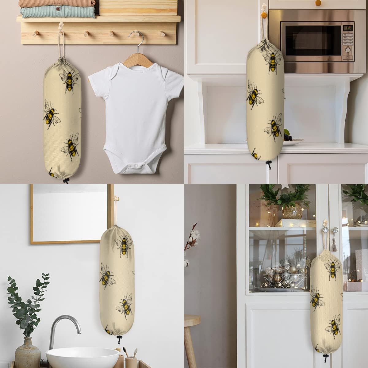 Soporte para bolsas de plástico con estampado de abeja Kawaii para colgar en la pared, organizador de bolsas de basura reutilizable, lavable,