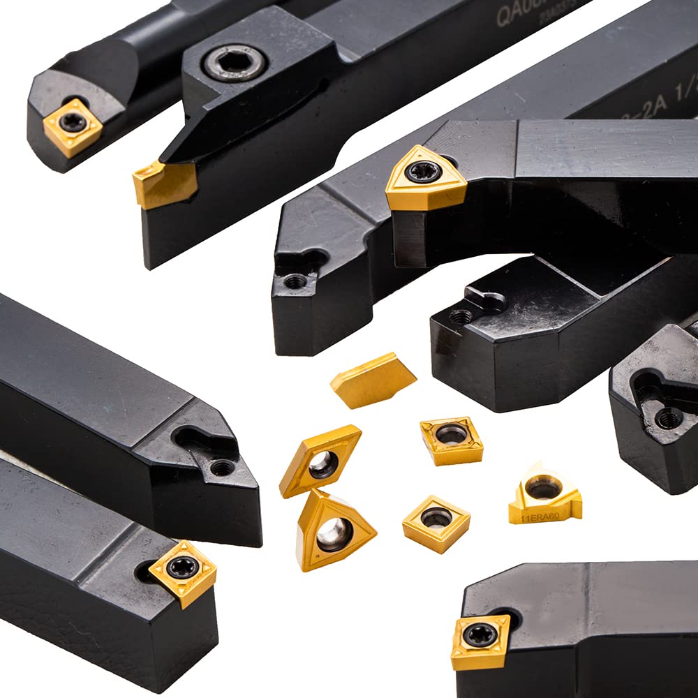 YUFUTOL Herramienta de torneado de torno indexable, vástago de 12 pulgada, 9 piezas de herramientas de torneado de carburo y barra de taladrado,