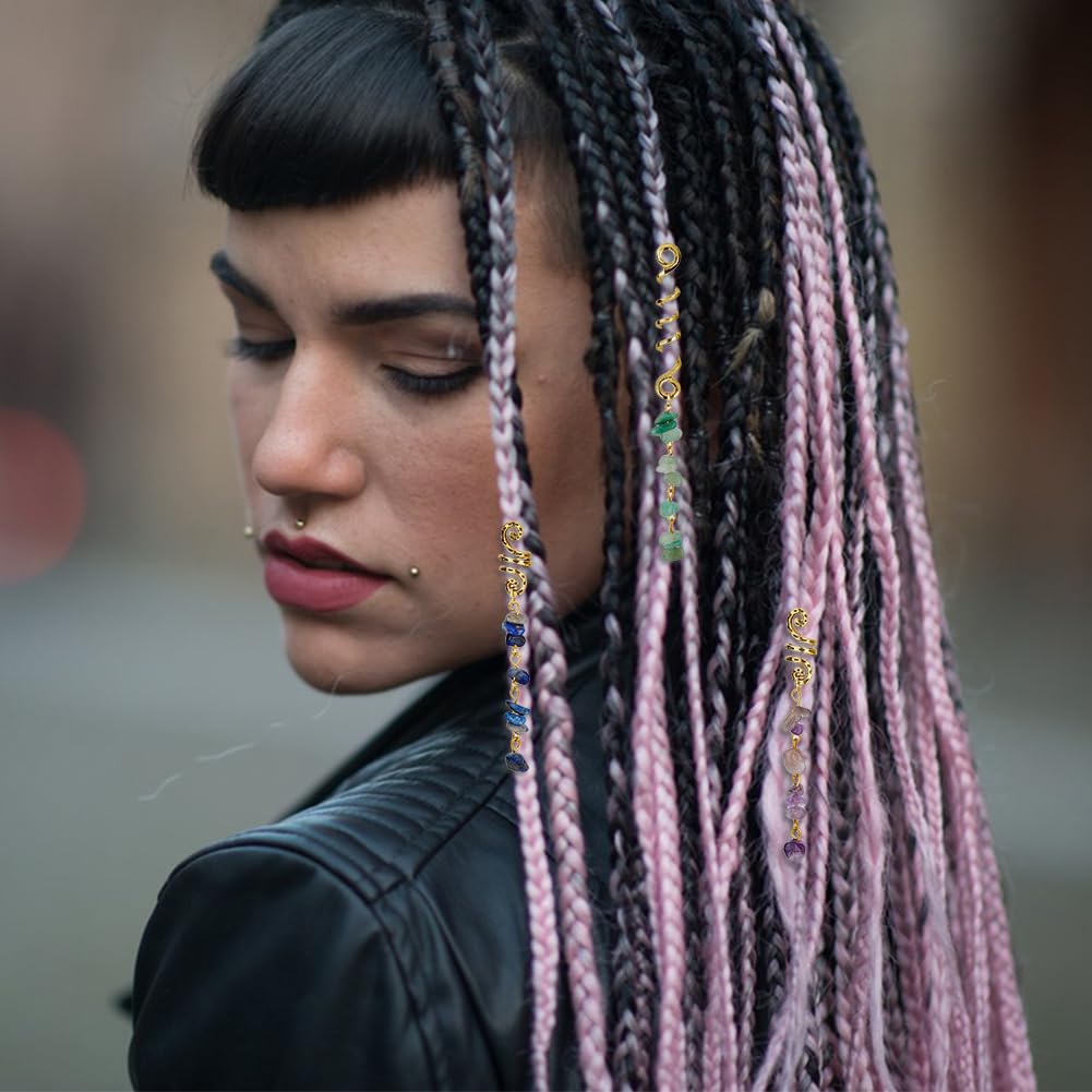 SUPERFINDINGS Pinza para el cabello, 14 piezas de 7 colores trenzas, joyería para el cabello con colgante de piedra natural, joyería de cristal en