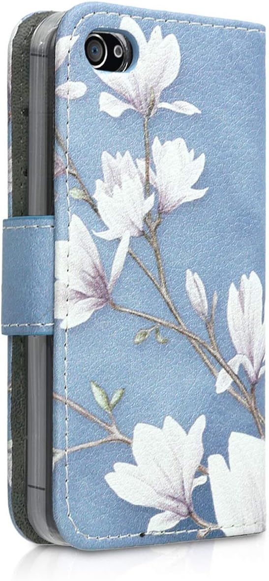 kwmobile Funda tipo cartera compatible con Apple iPhone 4 y 4S, magnolias gris topo, blanco, azul y gris