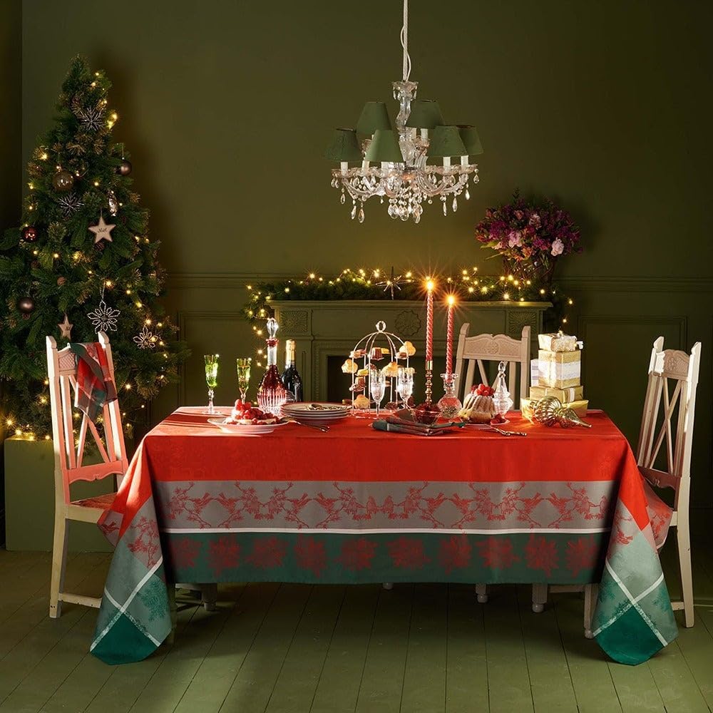 Garnier-Thiebaut, Cadeaux de Noel, mantel de Navidad jacquard francés rojo, 69 x 120 pulgadas, verde dulce tratado