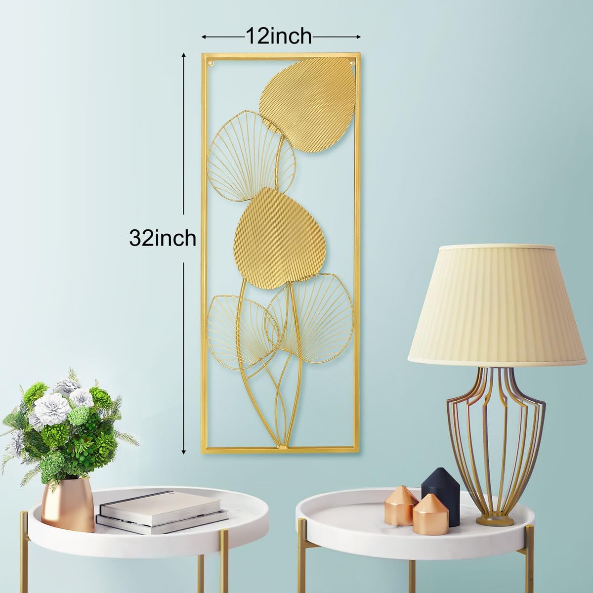 BOTAISHENG Juego de 2 hojas de metal para decoración de pared dorada para el hogar, 32 x 12 pulgadas, decoración de habitación con marco para sala