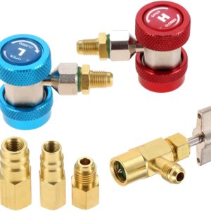 Adaptador de acoplador rápido ajustable de CA R134A, kit alto y bajo con válvula de grifo de perforación R134A, adaptador de tanque R134A, 2 Adaptador de acoplador rápido ajustable de CA R134A, kit alto y bajo con válvula de grifo de perforación R134A, adaptador de tanque R134A, 2