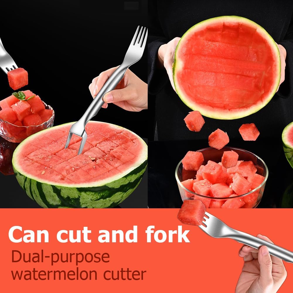 2-In-1 Stainless Steel Fruit Cutter, 2024 New Portable Watermelon Cutter Slicer Tool Melon Cube Cutter, Watermelon Windmill Fork Slicer Cutter for