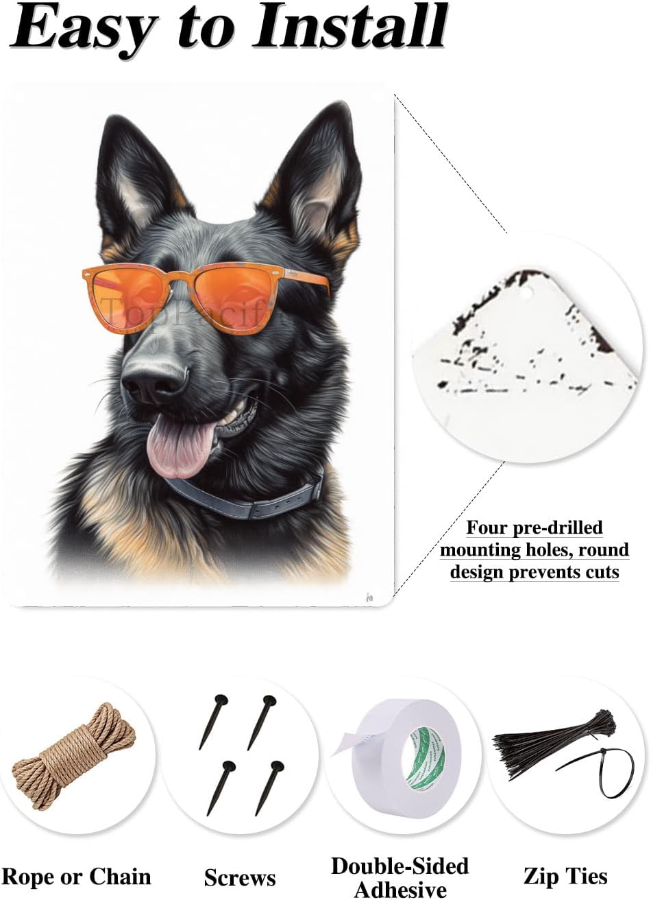 Cartel de metal con diseño de pastor alemán con gafas naranjas para el hogar, baño, decoración de animal, cueva de hombre, decoración de pared