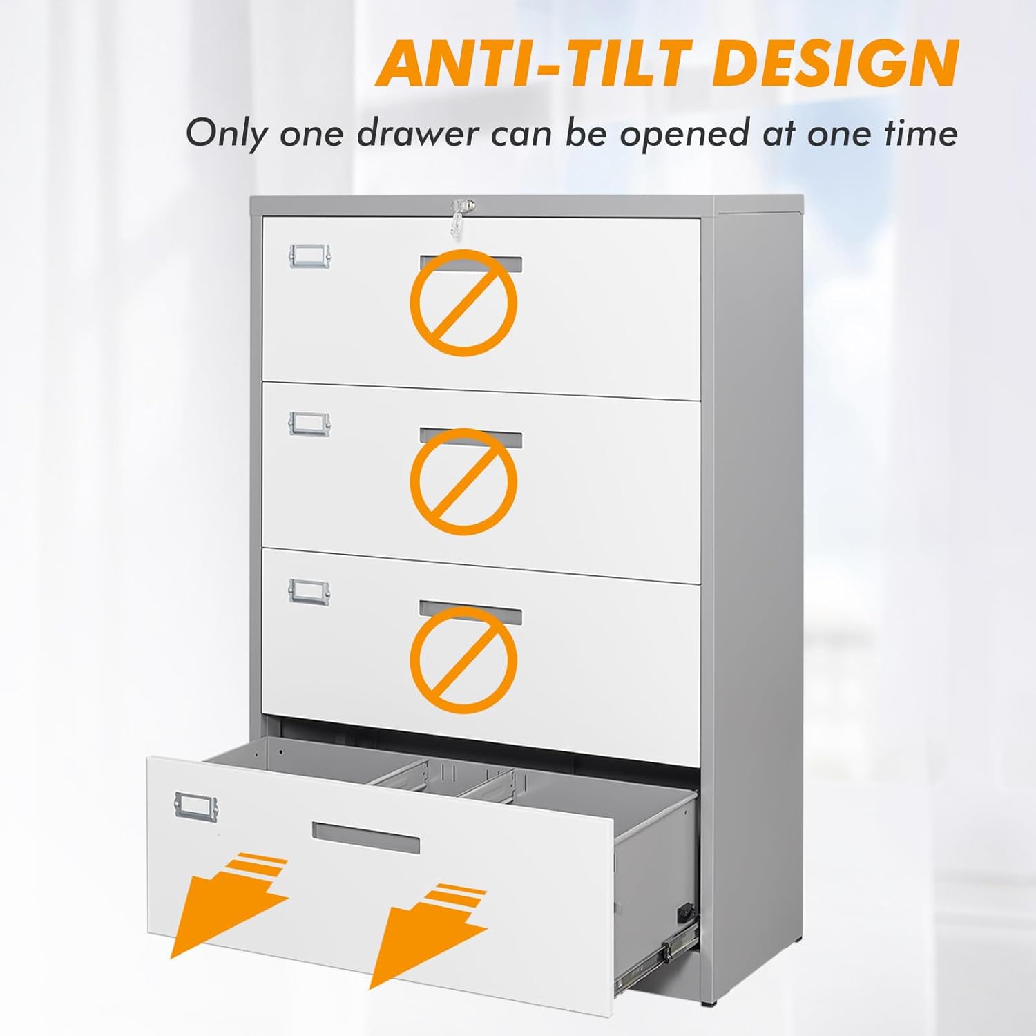 Archivador de 4 cajones con cerradura, 4 cajones de acero para organización de archivadores anchos, archivador lateral de acero para colgar