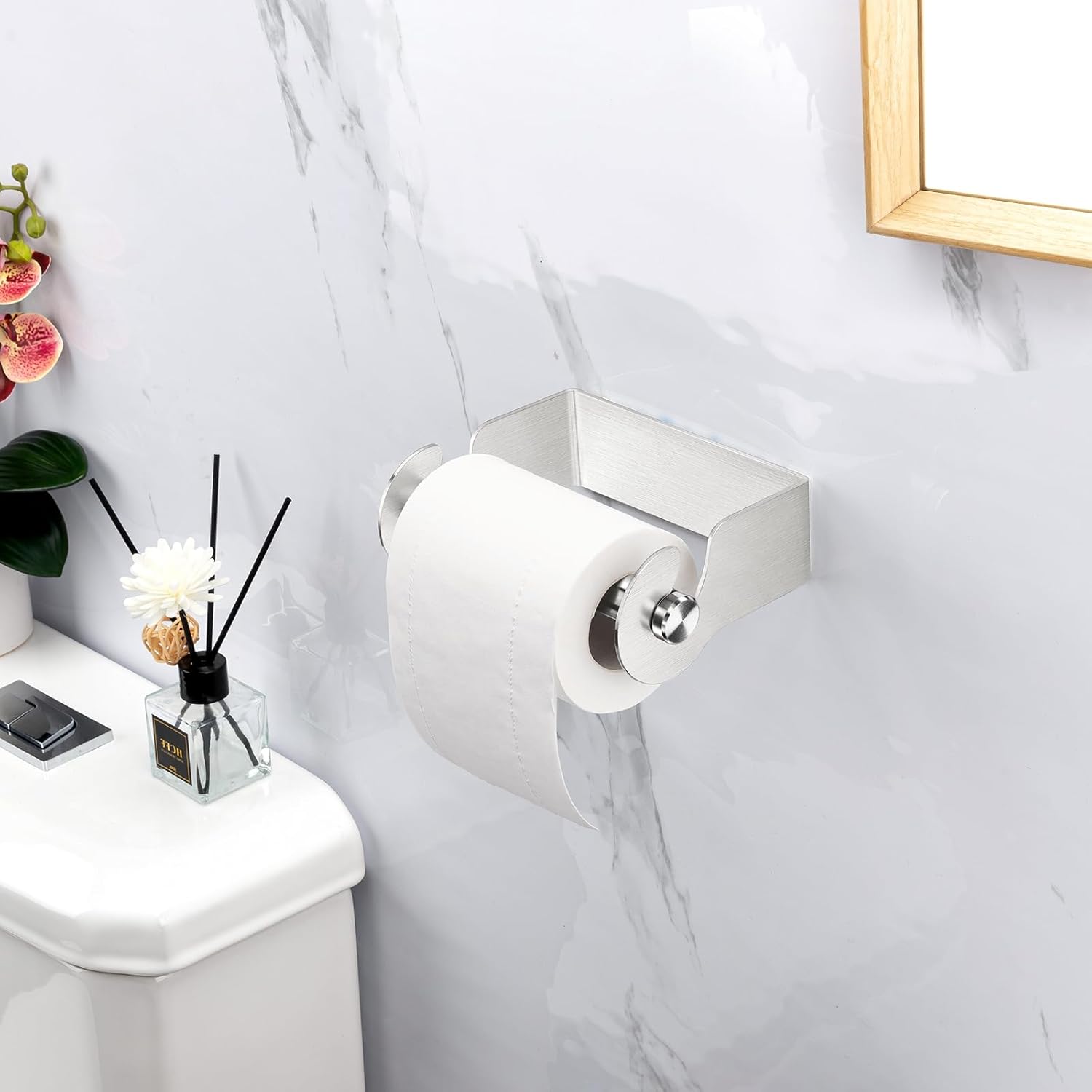 XILIMEN Soporte adhesivo de papel higiénico de níquel cepillado, soporte de pared para rollo de papel higiénico, soporte para rollo de papel