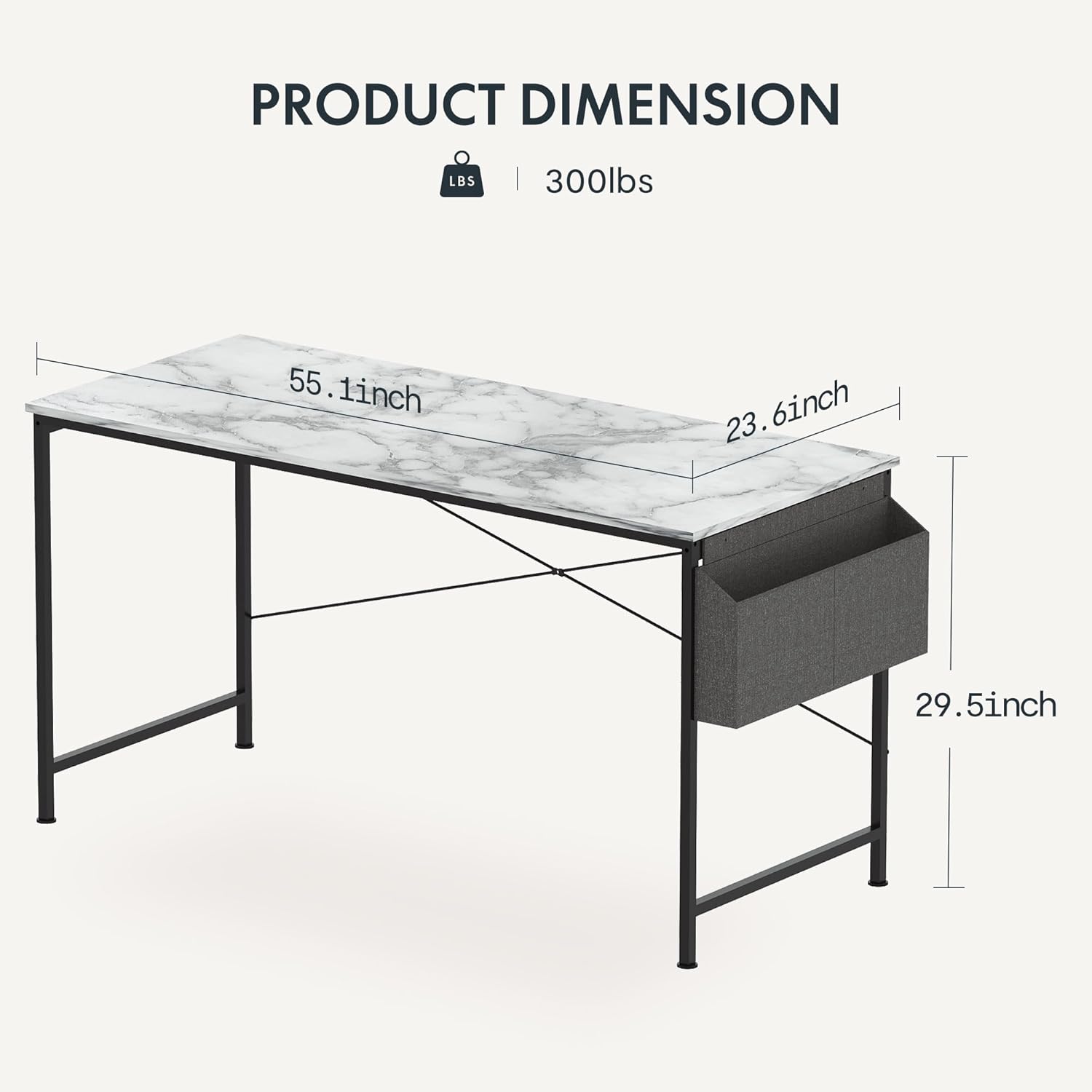 SANODESK Escritorio para computadora de 55 pulgadas con bolsa de almacenamiento, escritorio de oficina en casa con mesa de madera y marco de metal,