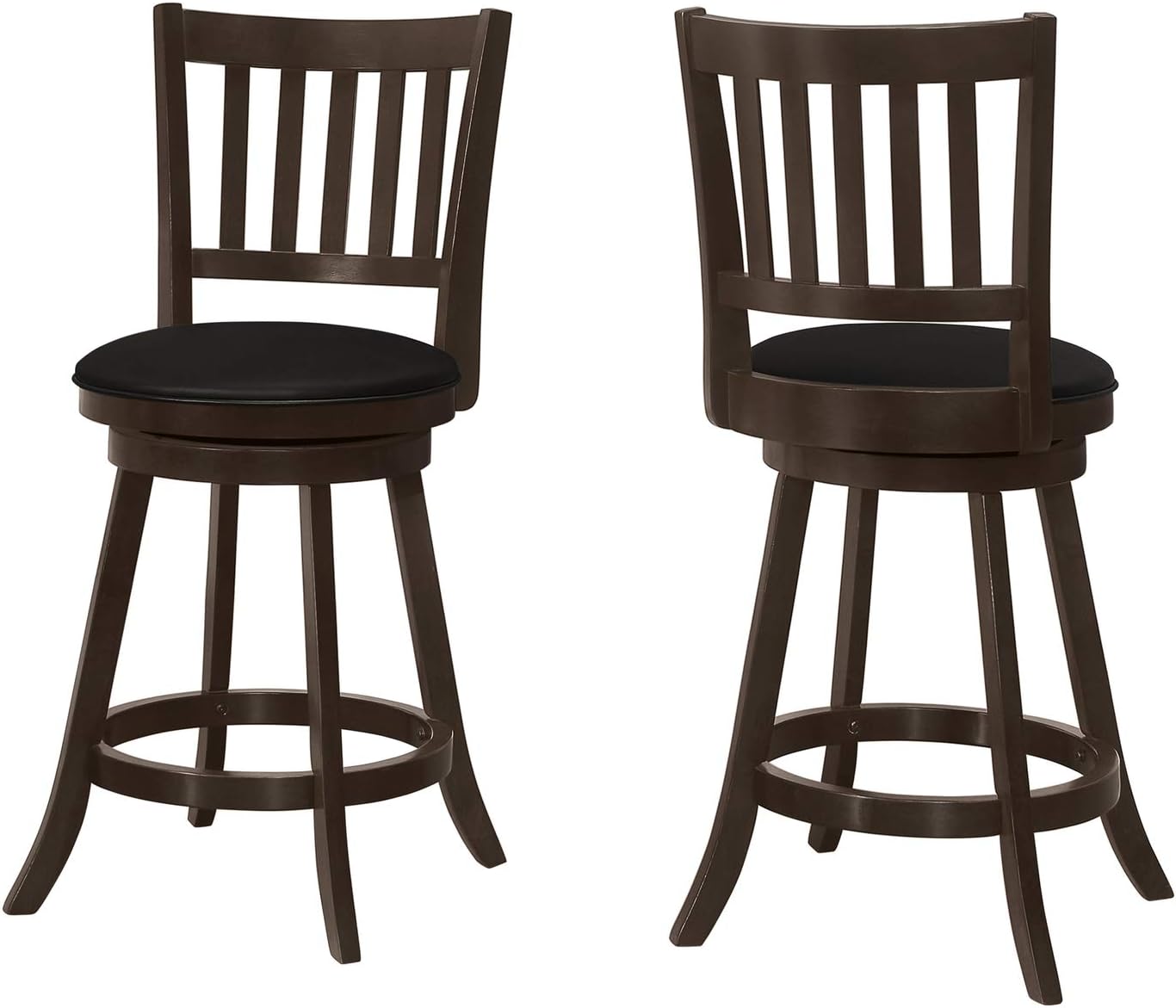 Monarch Specialties I 1237 Taburete de bar, juego de 2, giratorio, altura de mostrador, cocina, madera, aspecto de piel sintética, marrón, negro, de