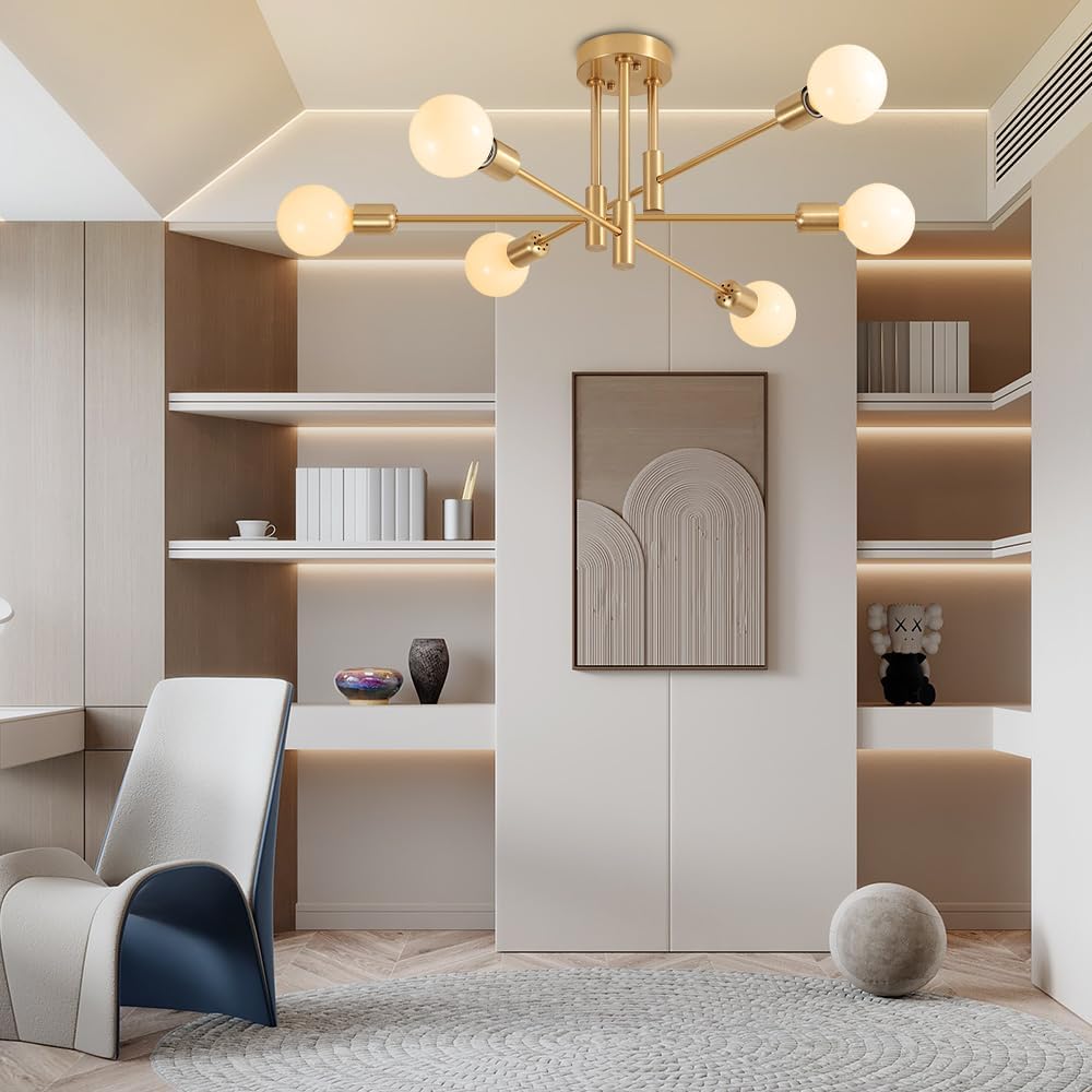 Biewalk Lámpara de araña Sputnik moderna, lámpara de techo de 6 luces de mediados de siglo, lámpara Sputnik para dormitorio, comedor, cocina,
