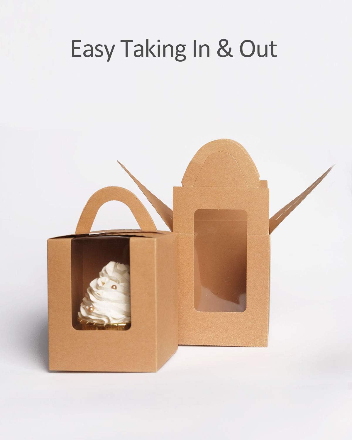 qiqee Cajas de magdalenas Kraft 60 paquetes individuales para cupcakes cajas desechables marrones individuales para cupcakes con ventana 3.6 x 3.6 x
