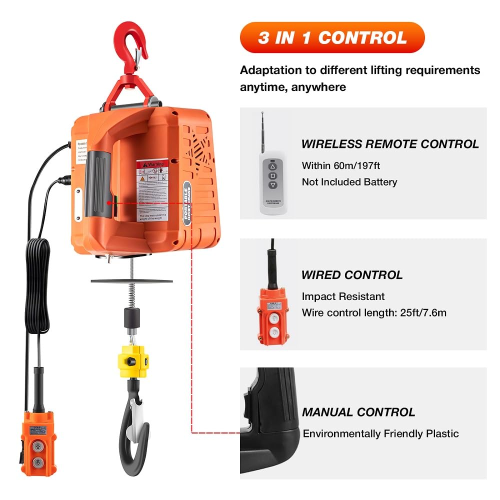 Vivrhintty – Cabrestante eléctrico 3 en 1, 1100 libras con cable y control remoto inalámbrico, elevador eléctrico portátil de 110 V y 25 pies,