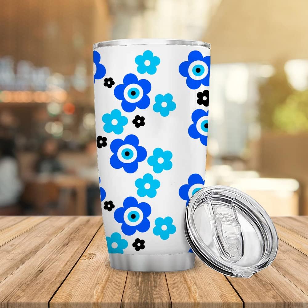 Regalo de 20 onzas para mujeres, madres y niñas, regalo de flores de mal de ojo azul turco, regalo de protección de buena suerte para mujeres, taza